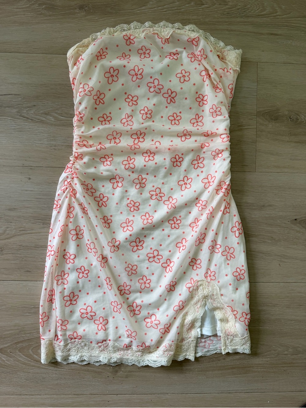 Cotton Candy Cream Strapless Slip Dress with Pink Floral Print